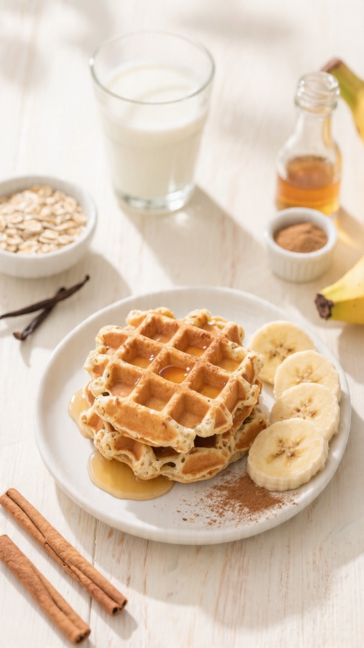 Overhead shot: Banana oat blender waffles stacked on a small white toddler plate with a drizzle of warm maple syrup pooling, sliced spotty bananas fanned on the side, and a dusting of cinnamon. Include visible texture from rolled oats in the waffle grid. Style a glass of milk and a small bowl of oats nearby, plus a vanilla extract bottle and a pinch of baking powder in a ramekin. Bright morning light, soft shadows, clean light wood surface, cozy kid-friendly vibe.