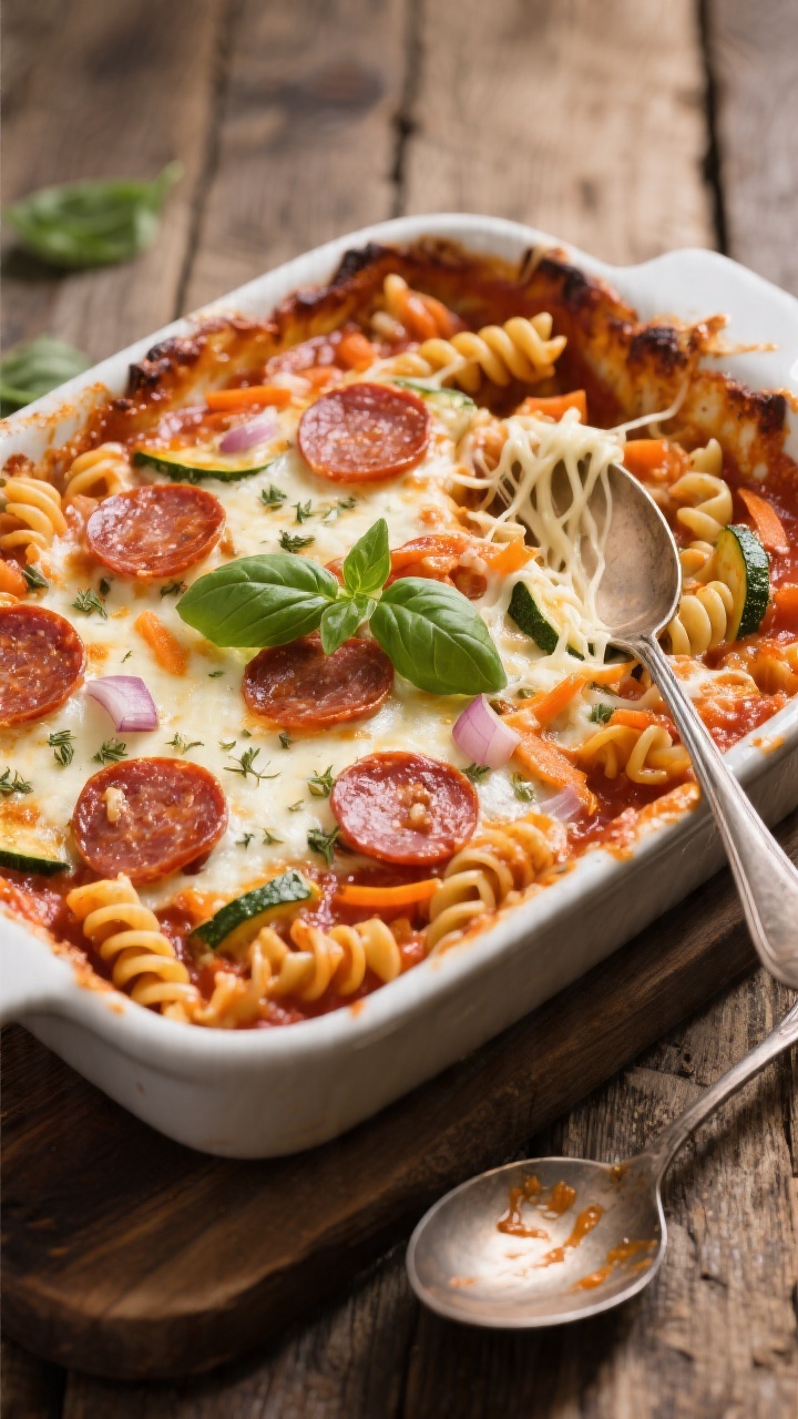 Overhead shot of a bubbling pizza-pasta bake in a casserole dish: rotini folded into marinara blended with finely grated carrot and zucchini, minced onion and garlic, dried oregano; topped with melted mozzarella and pepperoni coins for pizza vibes, edges browned and irresistibly gooey; a few torn basil leaves for freshness, ladle marks in the sauce, a serving spoon resting on the side with cheesy strands stretching, set on a rustic wooden table for cozy appeal