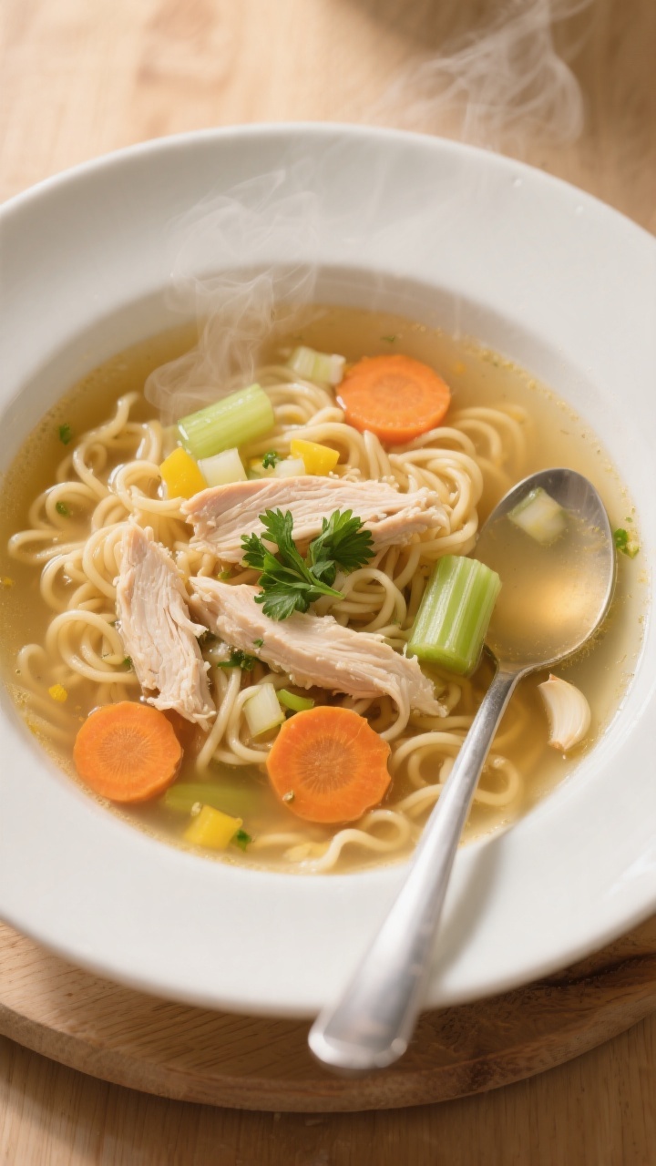 Overhead shot of a comforting chicken noodle soup in a wide white ceramic bowl: tender shreds of boneless skinless chicken, curly egg noodles, carrot coins, sliced celery, diced yellow onion, and flecks of garlic floating in a clear low-sodium chicken broth; steam rising, parsley garnish, ladle resting beside the bowl on a light wood surface, warm cozy lighting emphasizing golden broth and soft textures.