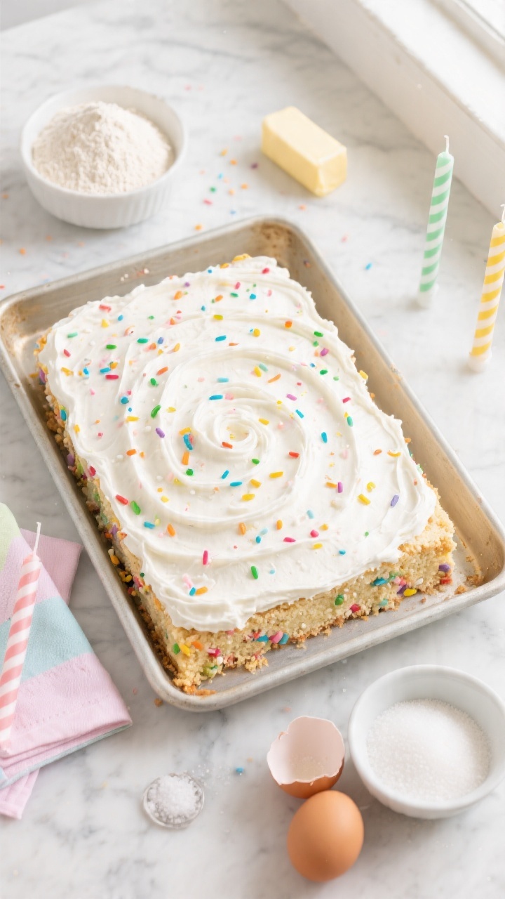 Overhead shot of a Confetti Funfetti sheet cake just frosted in a rimmed sheet pan: vanilla crumb with visible rainbow sprinkles folded through, a thick layer of white buttercream swirled on top and showered with extra multicolor confetti sprinkles; ingredients styled around the pan—2 1/2 cups flour in a small mound with a dusting of baking powder and baking soda, a stick of room-temp butter, a bowl of granulated sugar, cracked eggs, and a pinch of fine salt; bright party vibe with pastel napkins and striped candles nearby, clean marble surface, soft natural window light, crisp professional detail.