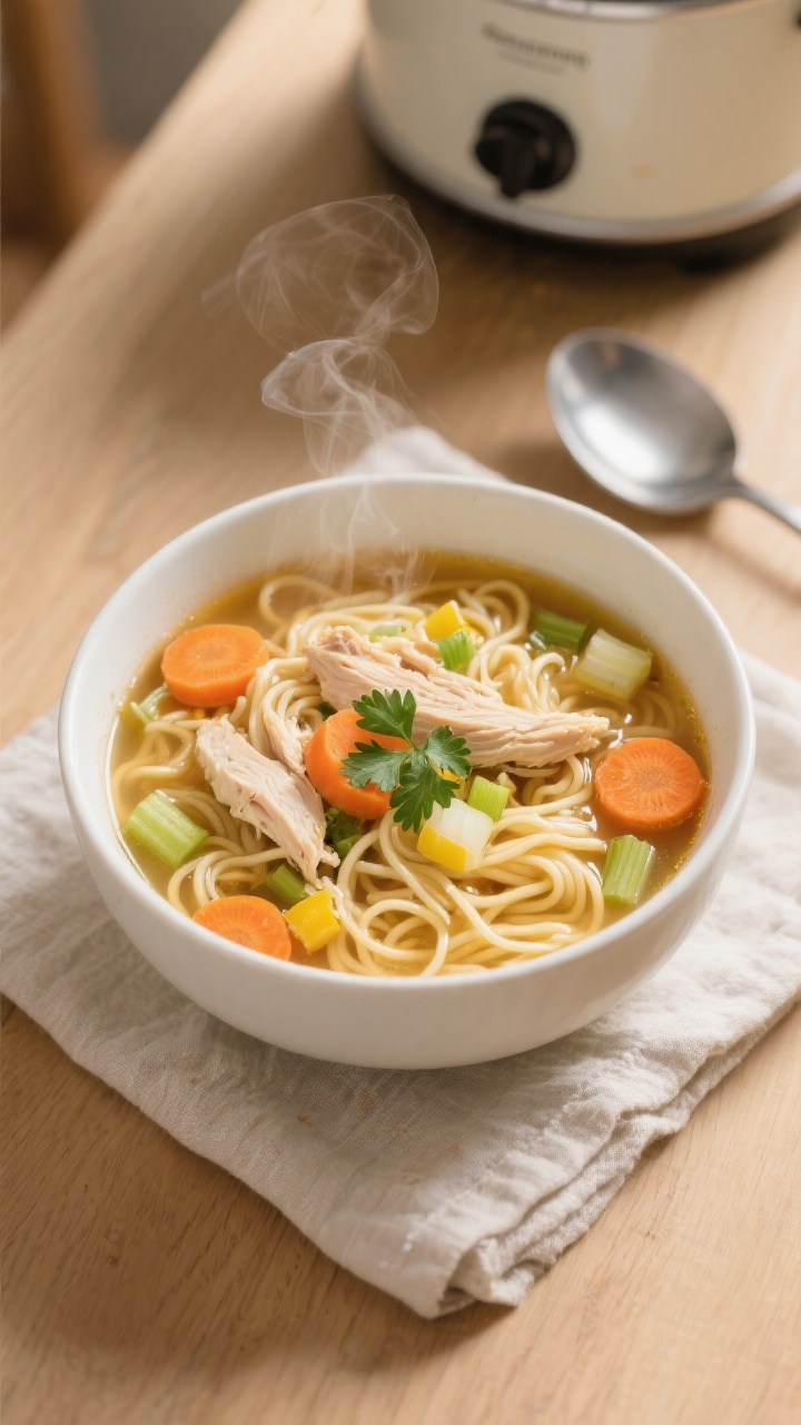 Overhead shot of a cozy chicken and veggie noodle soup in a wide white ceramic bowl: tender shredded chicken breast, egg noodles glistening in golden low-sodium chicken broth, coins of baby carrots, finely chopped celery, and small yellow onion pieces, sprinkled with a few parsley leaves for color; steam rising, placed on a light wood table with a linen napkin and a ladle beside a minimal crockpot in the background, warm inviting lighting, soft focus on the broth’s sheen and noodle texture.