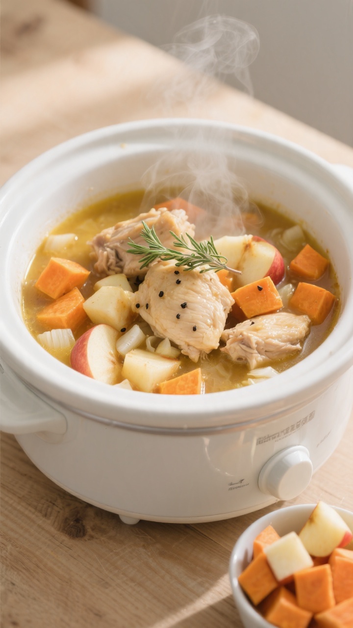 Overhead shot of a cozy chicken, apple & sweet potato stew in a matte white crockpot insert on a light wood surface: bite-size boneless chicken thigh pieces, chunky orange sweet potato cubes, diced Honeycrisp/Gala apples, and small onion bits visible in a light golden broth; steam rising, thyme leaves and a pinch of black pepper on top; a small bowl of peeled apple dice and sweet potato cubes off to the side; warm, soft morning light, minimal rustic styling, no people.