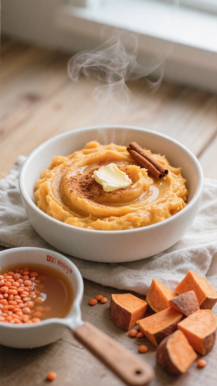 Overhead shot of a cozy cinnamon sweet potato mash in a matte white bowl, ultra-creamy texture with swirls of melted unsalted butter and a light dusting of ground cinnamon on top; a small side bowl of tender red lentils and a measuring cup of low-sodium broth sit nearby to hint at the hidden lentils, peeled sweet potato cubes scattered on a linen towel; warm, soft window light, neutral wooden surface, steam gently rising, toddler-friendly comfort food vibe.