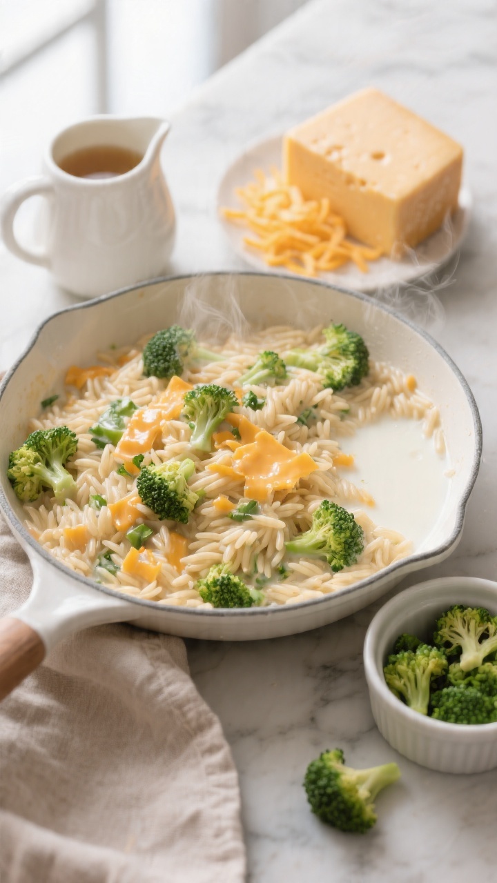 Overhead shot of a cozy, creamy broccoli orzo just off the stove: a shallow white saucepan filled with glossy orzo coated in melted mild cheddar, flecks of finely chopped broccoli throughout, and a splash of milk sheen, set on a light marble surface. Include a small jug of low-sodium broth, a block of mild cheddar with fresh shreds, and a ramekin of extra chopped broccoli on the side. Soft steam visible, warm neutral linens, natural window light for a comforting, kid-friendly vibe.