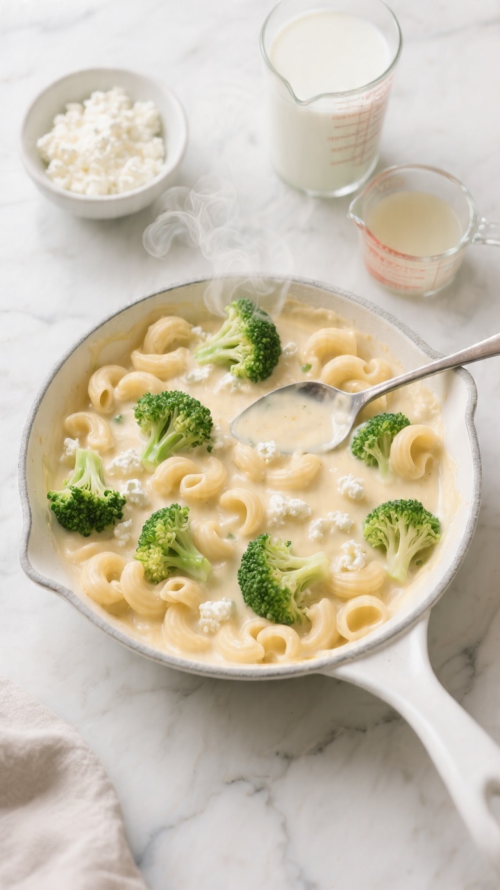 Overhead shot of a creamy broccoli mac and cheese in a white enamel skillet: small elbow pasta shells coated in a silky pale-gold sauce made from cottage cheese, milk, and low-sodium broth, with bright green small broccoli florets tucked throughout; a spoon trail shows the ultra-creamy texture, tiny curds melting into the sauce; styled on a light marble surface with a small bowl of full-fat cottage cheese, a glass of milk, and a measuring cup of broth in frame; soft natural light, kid-friendly cozy mood, steam gently rising.