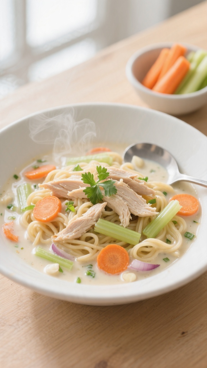 Overhead shot of a creamy chicken and veggie noodle bowl in a wide white ceramic bowl: shredded boneless skinless chicken, tender egg noodles, sliced carrot coins, thin celery, finely chopped onion, and flecks of minced garlic in a glossy low-sodium chicken-broth cream sauce; steam rising, garnished with a sprinkle of parsley; placed on a light wood table with a ladle and a small bowl of extra carrots and celery on the side; bright, kid-friendly mood, soft natural window light, shallow depth of field emphasizing the silky, comforting texture.