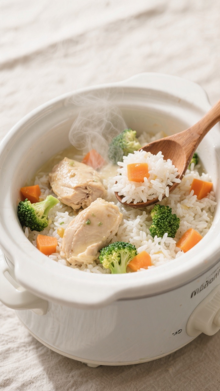 Overhead shot of a creamy chicken and veggie rice in a white crockpot insert: tender 1-inch chicken thigh pieces nestled in fluffy long-grain white rice, with pops of diced orange carrots and small broccoli florets throughout, steam gently rising. Neutral linen, wooden spoon with a bit of saucy rice, minimal garnish, soft daylight for a cozy, family-friendly feel.