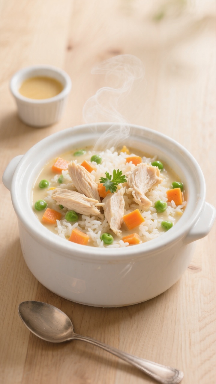 Overhead shot of a creamy chicken and veggie rice in a wide white crock-style bowl: tender boneless chicken pieces shredded into fluffy long-grain white rice, speckled with soft diced carrots and peas, bathed in a silky sauce made from low-sodium chicken broth, whole milk, and cream of chicken soup; gentle steam rising, subtle golden hue, garnished with a tiny sprinkle of parsley for color; placed on a light wood surface with a ladle and a small ramekin of extra broth nearby; soft morning light for a cozy, kid-friendly feel.