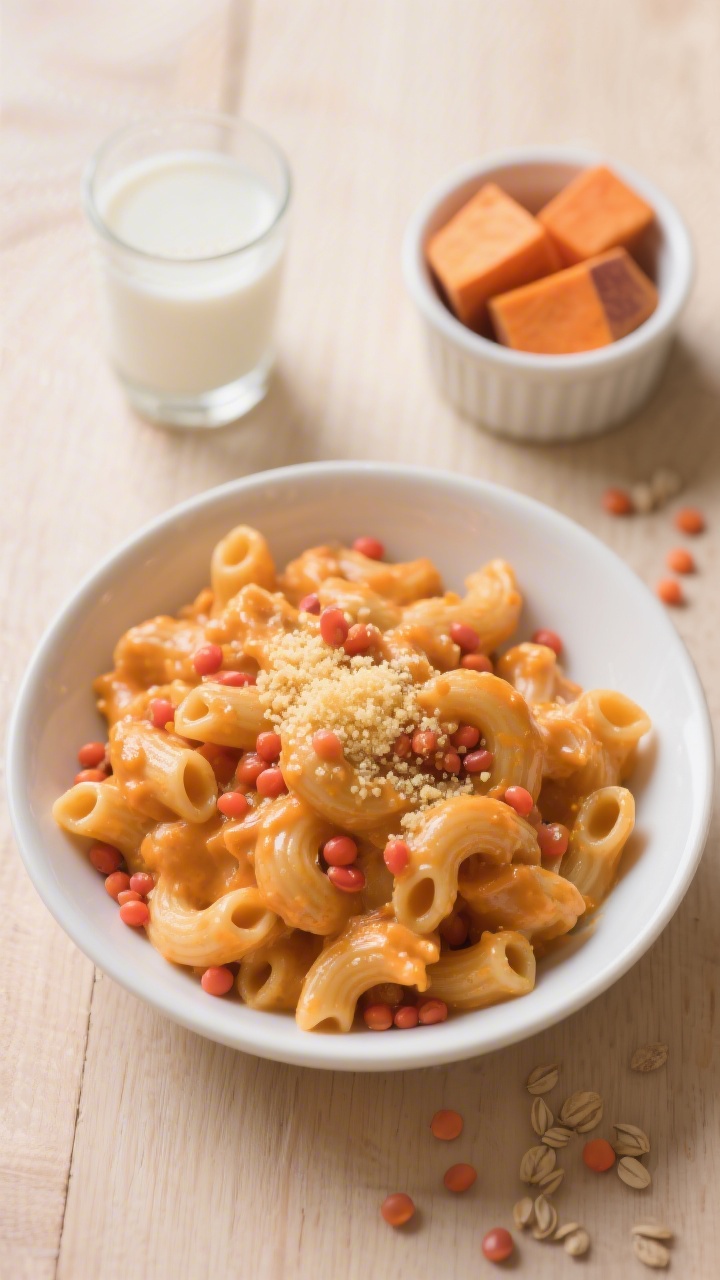 Overhead shot of a creamy sweet potato mac with hidden red lentils: small elbows coated in a velvety orange sauce made from steamed sweet potato, red lentils, and unsweetened oat milk, finished with a sprinkle of nutritional yeast for a subtle cheesy sheen. Serve in a toddler-sized white bowl on a light wood surface, with a small side ramekin showing a few of the raw red lentils and peeled sweet potato cubes, and a splash of plant milk in a tiny glass. Soft, warm lighting to emphasize the glossy, creamy texture; no people, minimal props, focus on the comforting, kid-friendly appeal.