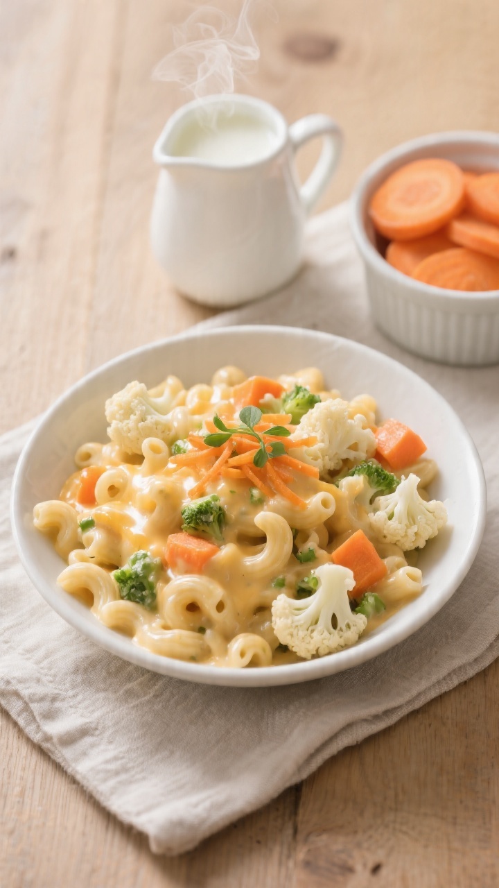 Overhead shot of a creamy veggie-loaded mac ’n’ cheese in a shallow white bowl: small elbow pasta coated in a glossy cheese sauce blended with hidden cauliflower and carrot, faint orange tint from carrot, sprinkled with a few steamed cauliflower florets and micro-grated carrot for visual cue; a small pitcher of milk and a ramekin of low-sodium broth in the background, with a side dish of tender carrot coins; neutral linen, light wood surface, soft daylight, steam gently rising, kid-friendly comfort mood.