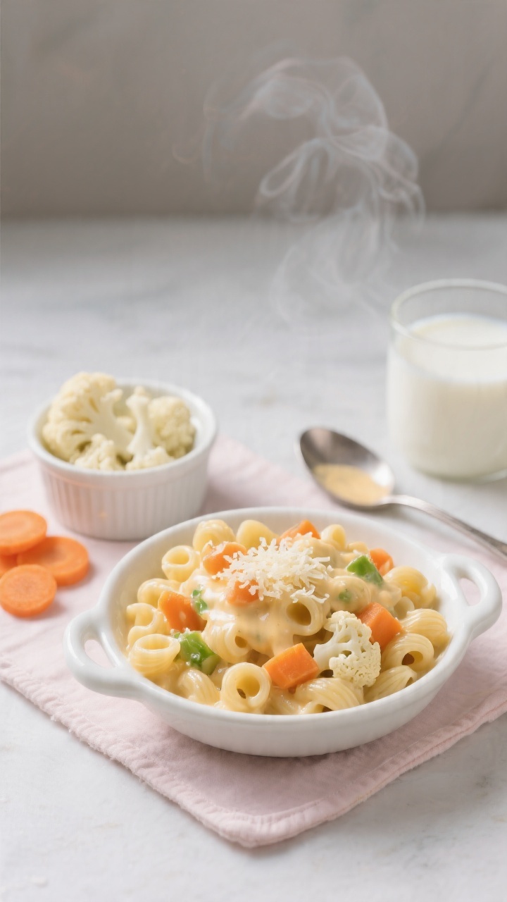 Overhead shot of a creamy veggie mac and cheese in a small white toddler bowl on a pastel placemat: elbow or mini shell pasta coated in a silky cauliflower-carrot “cheese” sauce made from steamed cauliflower florets, tender carrot, milk, and a mild cheese blend, with a tiny sprinkle of grated cheese melting on top. Include a small side ramekin showing some of the steamed cauliflower florets and carrot coins, a cup of milk, and a spoon with a bit of sauce to emphasize the hidden cauli-cheese magic. Soft, bright lighting, clean minimal background, steam gently visible.