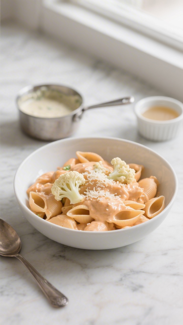 Overhead shot of a creamy veggie mac with hidden cauliflower in a shallow white bowl: small pasta shells coated in a velvety pale-orange sauce made from steamed cauliflower, low-sodium broth, and whole milk or unsweetened oat milk. Garnish with a sprinkle of finely grated mild cheese and a few tiny steamed cauliflower florets peeking through. Set on a light marble surface with a small saucepan of blended cauliflower sauce, a ladle, and a ramekin of broth in frame. Soft, natural window light, minimal props, focus on glossy, creamy texture of the sauce clinging to the shells.