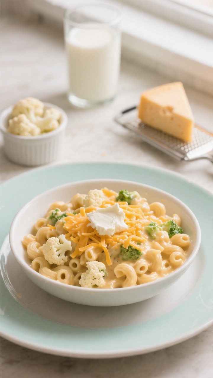 Overhead shot of a creamy veggie mac with hidden cauliflower: small elbow pasta coated in a silky cheddar cheese sauce blended with steamed cauliflower, tiny flecks of cauliflower barely visible, finished with a light sprinkle of shredded mild cheddar and a pat of cream cheese melting in. Style in a shallow white ceramic bowl on a pale pastel plate, with a small ramekin of steamed cauliflower florets, a splash of whole milk in a glass, and a block of mild cheddar with a grater in the background. Soft, natural window light, warm tones, shallow depth of field to emphasize the glossy, creamy texture; no people.