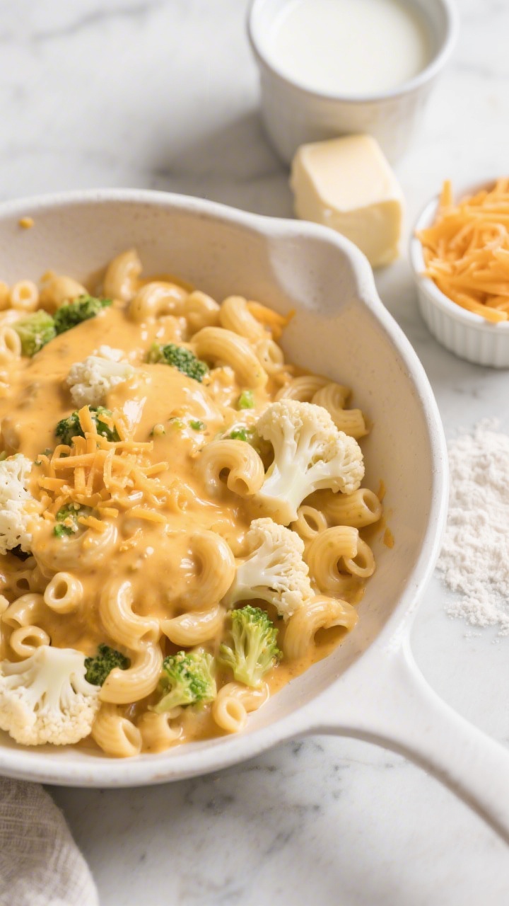 Overhead shot of a creamy veggie mac with hidden cauliflower goodness: small elbow macaroni coated in a velvety cheddar cheese sauce, with steamed cauliflower blended into the sauce for a smooth, glossy finish; ingredients visible on the side include a cup of milk, a pat of unsalted butter, shredded mild cheddar, and a dusting of all-purpose flour in a small ramekin. Styled in a white ceramic skillet on a light marble surface, garnished with a tiny sprinkle of extra cheddar; warm, cozy lighting, shallow shadows, no people.