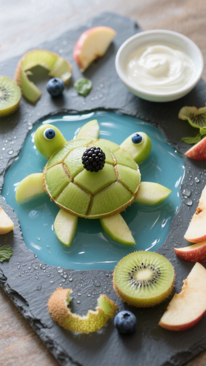Overhead shot of a DIY “kiwi turtle pond” on a slate board: kiwi halves (cut crosswise, cut-side up) as turtle shells, green apple wedges trimmed into four legs and a small tail for each turtle, a small grape or blackberry as the head, and two tiny blueberries set atop the head for eyes; a small dish of unsweetened yogurt on the side used as edible “glue,” with a child-friendly arrangement area—extra kiwi peels, apple wedges, and berries artfully scattered; fresh, dewy textures, bright natural light, clean minimal styling, no people.