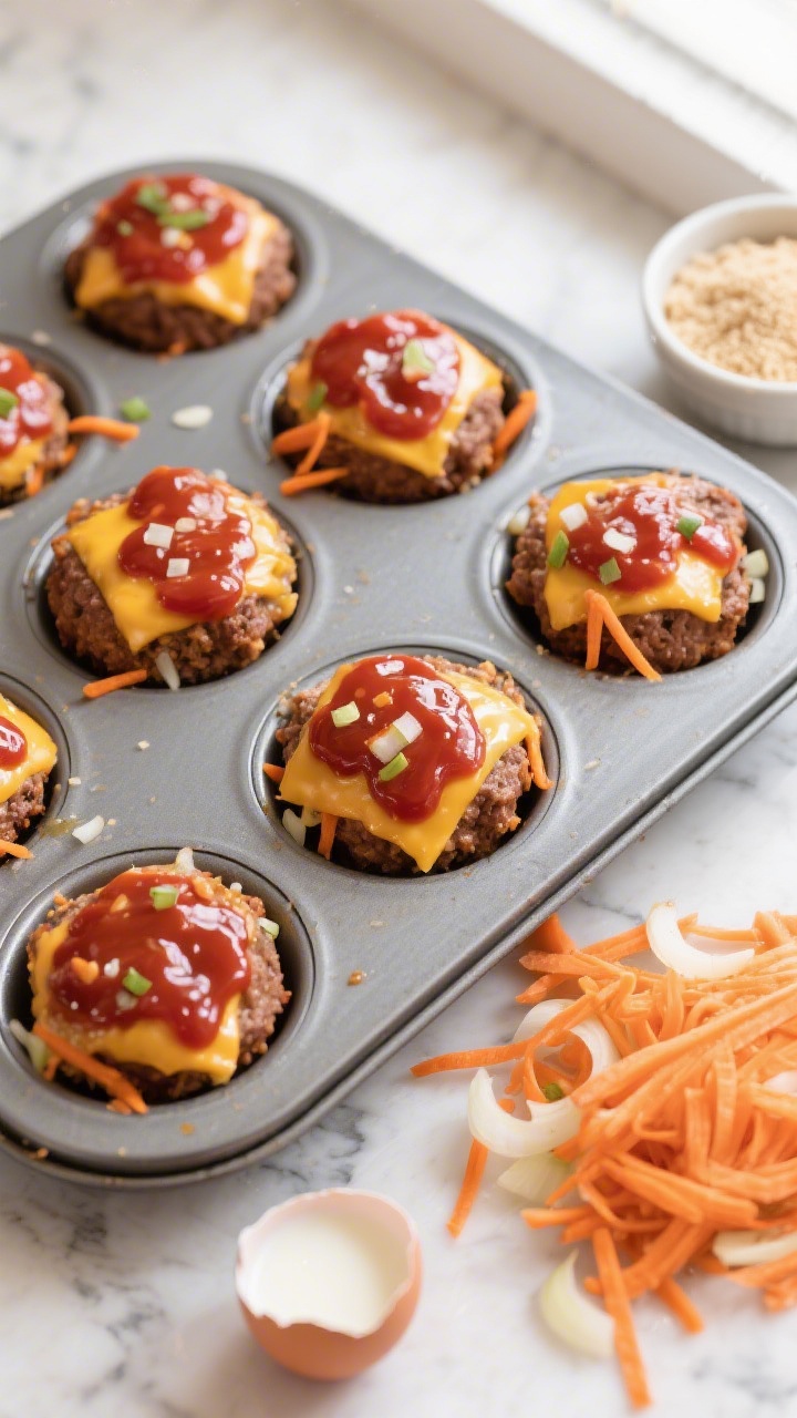 Overhead shot of a muffin tin filled with glossy, ketchup-glazed cheesy mini meatloaf muffins, each dotted with finely shredded carrot and minced onion, flecks of melted cheddar peeking through; a small bowl of breadcrumbs, a cracked egg, splash of milk, and a pile of raw shredded carrot and onion set to the side on a light marble surface; warm kid-friendly mood, soft natural window light, crisp focus on textures of the browned beef tops and carrot strands.