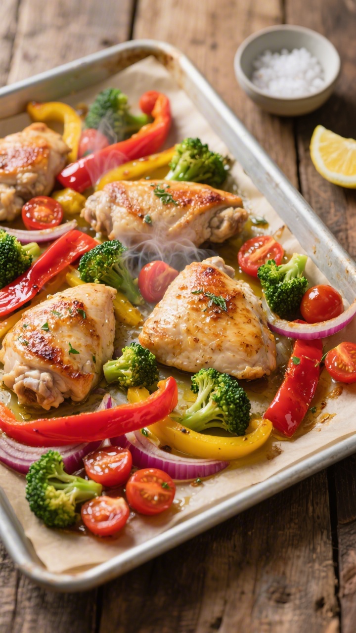 Overhead shot of a one-pan rainbow chicken veggie bake just out of the oven: boneless, skinless chicken thighs nestled among red and yellow bell pepper strips, bright green broccoli florets, juicy cherry tomatoes, and thinly sliced red onion on a parchment-lined sheet pan. Olive oil sheen, light sprinkle of herbs, slight caramelization on edges, steam rising. Styled on a neutral baking sheet over a rustic wooden table, with a small bowl of flaky salt and lemon wedges off to the side. Vibrant, family-friendly, cozy weeknight mood, professional lighting emphasizing glossy textures and roasted color contrast.