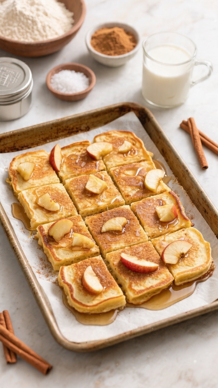 Overhead shot of Apple Cinnamon Sheet-Pan Pancake Squares freshly cut on a parchment-lined sheet pan: even golden squares dotted with tender apple pieces, a light dusting of cinnamon, and a drizzle of warm maple syrup pooling at the corners; include mise en place around the pan: a bowl of white whole wheat flour, brown sugar, baking powder and baking soda tins, a small dish of salt, and a cup of milk; cozy fall mood with warm tones, clean bakery-style styling.