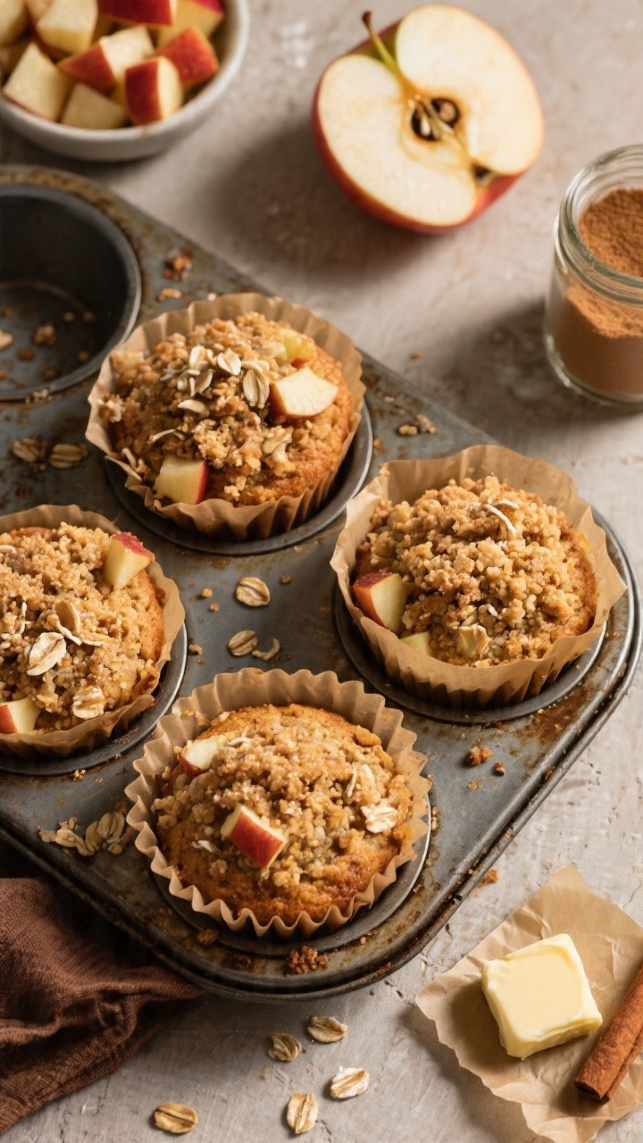 Overhead shot of Apple Pie Streusel Muffins in rustic parchment liners, each crowned with chunky cinnamon-oat streusel and tiny apple bits peeking through, set in a vintage muffin tin. Surround with classic apple pie cues: a halved crisp apple with seeds showing, a small bowl of diced apples tossed with cinnamon, a pat of cold butter on parchment, and a jar of brown sugar. Warm, autumnal tones, soft directional light that highlights the crumbly streusel texture and tender muffin tops, inviting bakery mood.