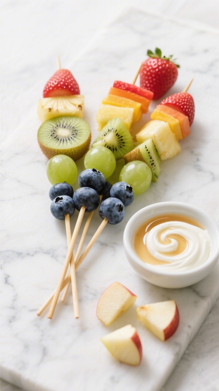 Overhead shot of assembled rainbow fruit wands on bamboo skewers arranged in a fan on a white marble slab: in exact color order from tip to base—blueberries, green grapes, kiwi half-moons, pineapple chunks, and hulled whole strawberries as the “cap.” A small bowl of creamy vanilla yogurt dip swirled with honey sits to the side, with a few apple chunks (1-inch pieces, lightly tossed in lemon to prevent browning) scattered nearby. Bright, kid-friendly styling, crisp highlights on juicy fruit, no people, professional studio lighting.
