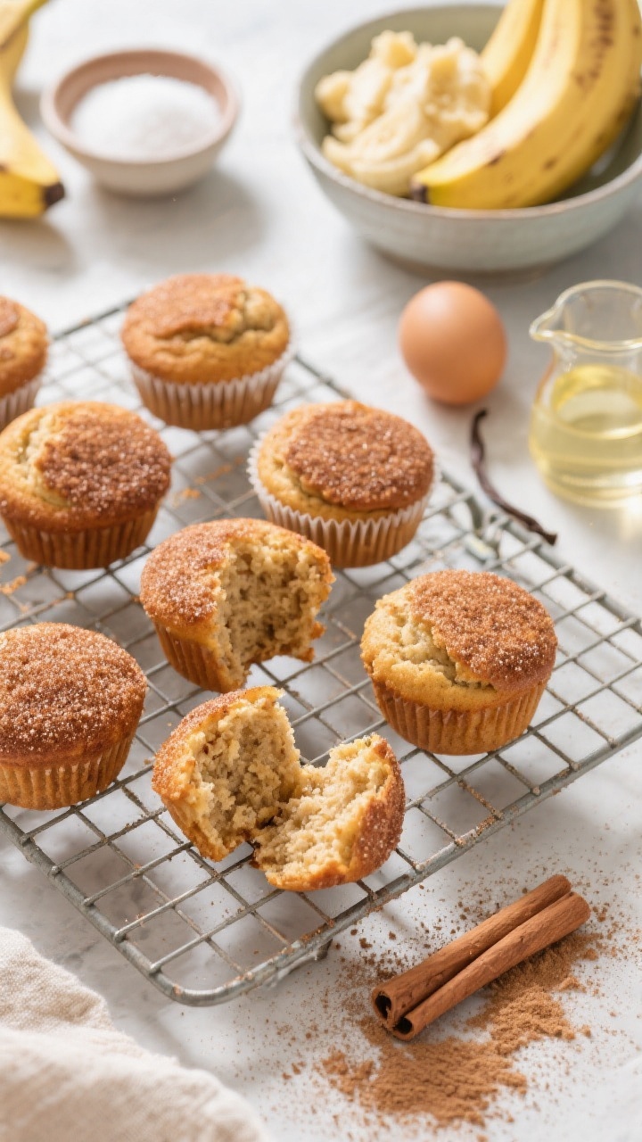 Overhead shot of Banana Muffin Minis cooling on a wire rack, each with a sparkling cinnamon sugar cap; a few minis split open to reveal ultra-moist, tender banana crumb; props include a bowl with mashed ripe banana, small bowls of granulated sugar and light brown sugar, a little pitcher of neutral oil, egg, and vanilla; a dusting of cinnamon sugar scattered on the surface; cozy, morning-kitchen mood with soft shadows and warm highlights.