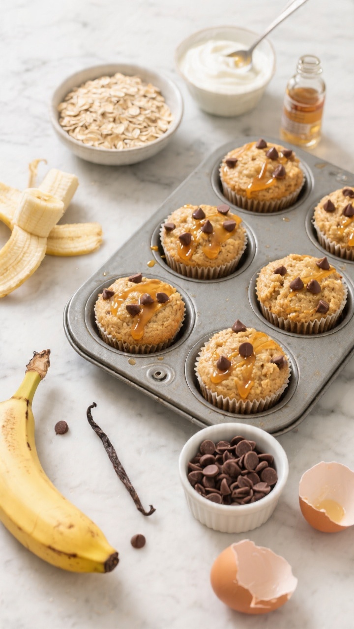 Overhead shot of Banana-Oat Blender Cupcakes With Chocolate Chip Magic cooling in a muffin tin, golden tops studded with mini chocolate chips, a drizzle of maple syrup glistening. Surround with key ingredients arranged neatly: ripe bananas (one peeled and mashed in a small bowl), rolled oats, plain Greek yogurt in a spoon, vanilla extract bottle, two cracked eggshells, and a small ramekin of chocolate chips. Soft natural light, clean marble surface, minimal props to emphasize wholesome sweetness.
