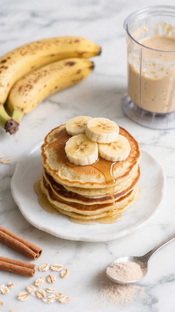 Overhead shot of Banana Oat Blender Pancakes stacked on a small white plate, golden-brown with visible oat flecks, topped with warm banana slices and a light drizzle of maple syrup; a glass blender jar nearby showing the creamy banana-oat batter clinging to the sides; props include two spotty ripe bananas, a pinch of cinnamon scattered on the marble surface, and a spoon with baking powder; soft morning light, cozy “banana bread” mood, shallow depth of field, no people.