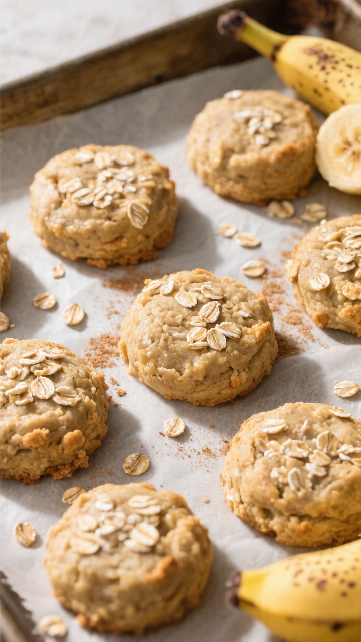 Overhead shot of Banana Oat Softies on a parchment-lined baking sheet just out of the oven: plump, rustic rounds made from mashed very ripe bananas, quick oats, vanilla, cinnamon, and a dusting of ground flax visible in the crumb. Warm golden tones, a few extra oats and a halved speckled banana styled at the edge, soft natural window light, shallow shadows, crisp texture detail on the oat-studded tops, no people.