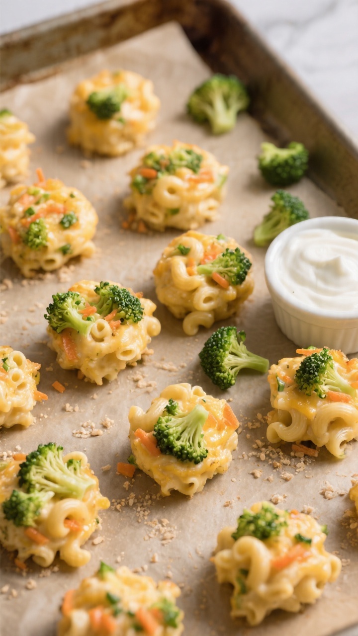 Overhead shot of bite-size creamy veggie mac and cheese bites arranged on a parchment-lined baking sheet, golden tops with visible finely chopped broccoli florets and flecks of finely grated carrot, whole wheat elbow macaroni texture peeking through, a small ramekin of plain full-fat Greek yogurt-based dipping sauce on the side, warm neutral lighting, shallow crumbs and a few raw mini broccoli florets scattered for context, crisp focus, professional food styling, no people.