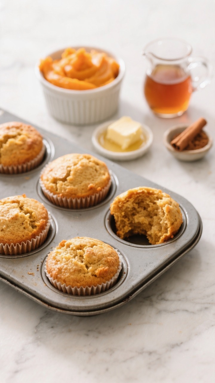 Overhead shot of bite-sized fluffy one-bowl sweet potato mini muffins cooling in a mini-muffin tin on a light marble surface; ingredients styled around the pan: a small bowl of mashed orange sweet potato, a ramekin of unsweetened applesauce, a tiny pitcher of pure maple syrup, a dish of melted unsalted butter, and a pinch bowl of cinnamon; warm golden-brown muffin tops with tender crumb visible in one broken-open mini; soft morning light, neutral props, kid-friendly vibe, no people, professional food styling.