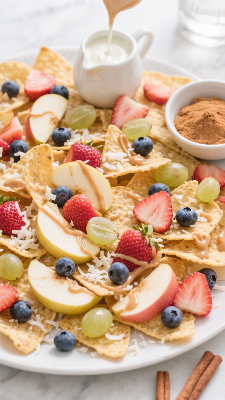 Overhead shot of Build-Your-Own Fruit Nachos: a wide platter scattered with thinly sliced Honeycrisp and Pink Lady apples and ripe pear slices as “chips,” topped with sliced strawberries, blueberries, and halved seedless grapes; a fine sprinkle of shredded unsweetened coconut like cheese; a small pitcher mid-pour of cinnamon yogurt drizzle forming ribbons across the fruit; side bowls of extra coconut and cinnamon, bright, clean styling, appetizing gloss on fruit.