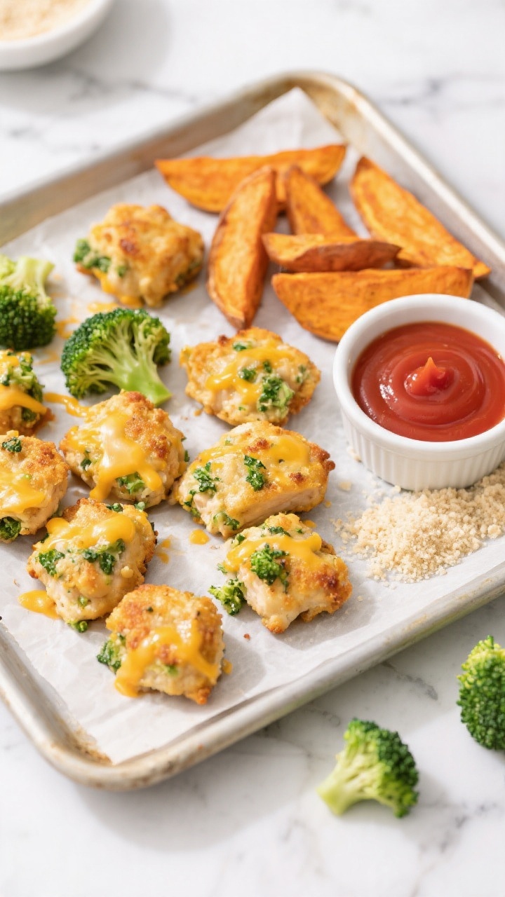 Overhead shot of Cheesy Broccoli Chicken Bites with Sweet Potato Wedges on a parchment-lined sheet pan: golden-brown chicken bites studded with finely chopped broccoli and melted mild cheddar, crisp-edged sweet potato wedges to one side, a small ramekin of ketchup for dipping, scattered plain breadcrumbs and a few raw broccoli florets for context; bright, kid-friendly styling on a light marble surface, crisp textures and warm, appetizing tones, no people.
