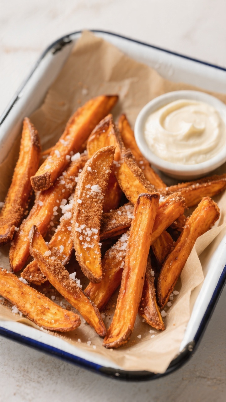 Overhead shot of cinnamon-sugar sweet potato fries just tossed: slender 1/4-inch sweet potato fries dusted with cornstarch, air-fried to caramelized edges, then glistening with neutral oil and an even coat of cinnamon and sugar; a pinch of kosher salt sprinkled on top; served in a parchment-lined enamel tray with a small dish of vanilla-yogurt dip on the side; warm, cozy tones emphasizing orange hues and sparkly sugar granules.