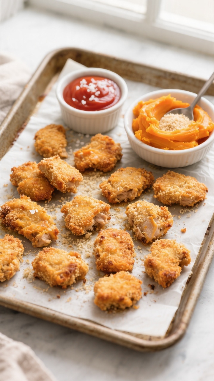 Overhead shot of Classic Oven-Baked Sweet Potato Chicken Nuggets on a parchment-lined sheet pan just out of the oven: golden, lightly crisp nuggets made from mashed sweet potato, ground chicken, and fine breadcrumbs, with a small bowl of ketchup and a sprinkle of sea salt flakes. Include a side ramekin showing the fine breadcrumbs and a spoonful of bright orange mashed sweet potato to hint at ingredients. Warm, family weeknight mood, natural window light, minimal props, focus on even browning and tender interior.