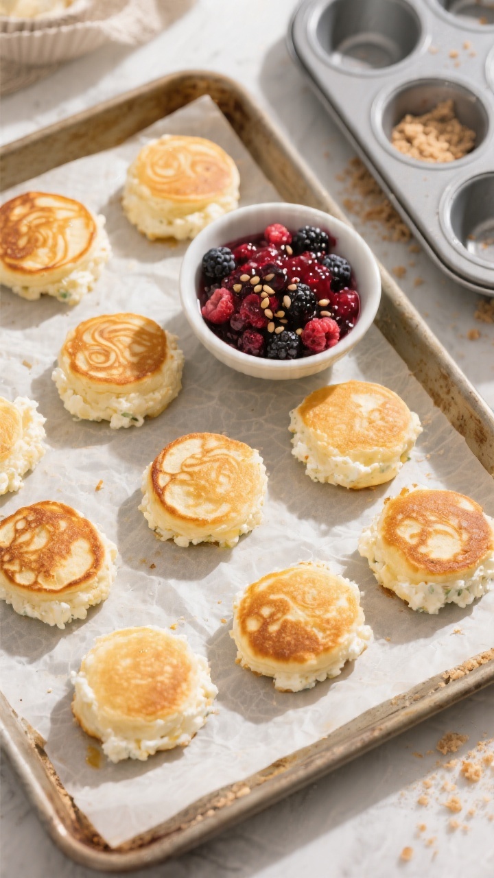 Overhead shot of cottage cheese pancake bites on a parchment-lined baking sheet, just out of the oven: puffy, golden mini rounds made from cottage cheese, egg, milk, whole-wheat pastry flour, baking powder, and a pinch of vanilla/cinnamon implied by styling; paired with a small bowl of vibrant berry smash (crushed mixed berries) with visible seeds and juice swirls. Include a silicone mini muffin pan to the side, a dusting of crumbs, warm morning light, inviting brunch energy.