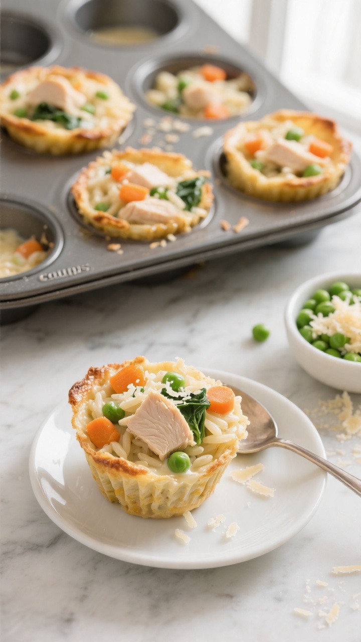 Overhead shot of creamy chicken veggie orzo baked in muffin tin “cups,” each portion golden at the edges and glossy with a light cream sauce. Visible ingredients: tender diced chicken, tiny orzo, finely chopped carrots and peas, flecks of spinach, and a sprinkle of parmesan. One cup removed and plated on a small white saucer with a spoon showing the creamy interior texture. Set on a pale marble surface with a small bowl of extra peas and grated parmesan nearby; soft natural window light, bright and cozy toddler-friendly mood.