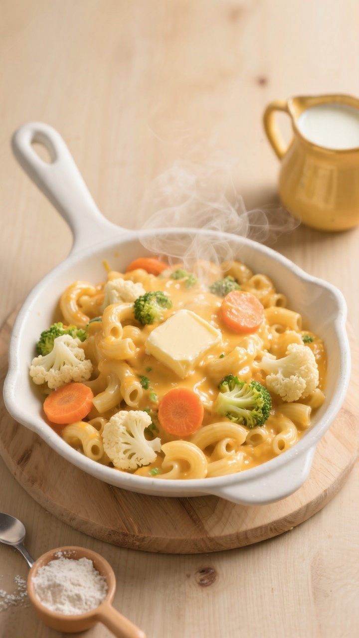 Overhead shot of creamy hidden-veggie mac and cheese in a shallow white skillet: tiny elbows coated in glossy cheddar sauce with blended cauliflower and carrot, a few tender mini cauliflower florets and thin carrot rounds peeking through for texture, steam rising, butter pat and a dusting of flour in a ramekin off to the side to hint at the roux, whole milk in a small pitcher, warm golden tones, placed on a light wood surface with a child-sized spoon nearby, professional soft daylight, no people.