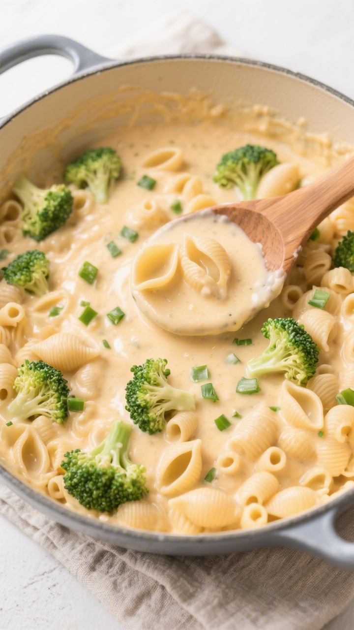 Overhead shot of creamy one-pot broccoli mac with protein boost in a wide, heavy saucepan: small whole-wheat pasta (mini shells and ditalini mix) coated in a silky pale cheddar-style cheese sauce made with low-sodium broth and milk, dotted with tiny emerald broccoli florets chopped extra small for toddlers; a wooden spoon creating a creamy swirl, with a few pasta shells perched on top catching the glossy sauce; neutral linen beneath, bright, clean daylight for a wholesome, cozy feel.
