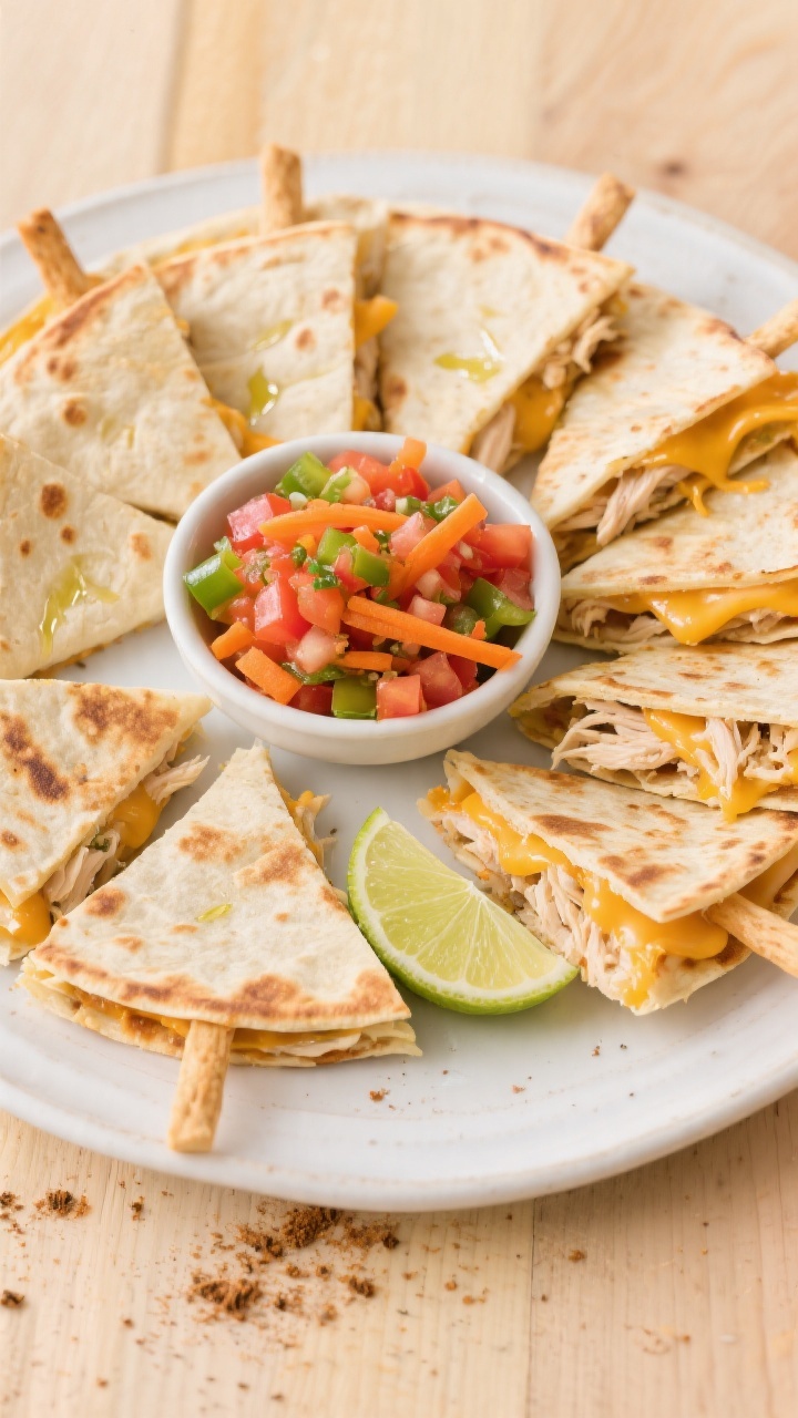 Overhead shot of crispy cheesy chicken quesadilla dippers sliced into narrow triangles, stacked around a small bowl of “hidden veg” salsa on a white ceramic plate; visible finely shredded cooked chicken and melted cheddar/Mexican blend oozing from toasted flour tortillas brushed with olive oil, sprinkled with a hint of ground cumin; salsa shows finely diced tomatoes, bell pepper, and grated carrot tucked in; styled on a light wood surface with a dusting of cumin and a lime wedge for pop, bright kid-friendly vibe, no people