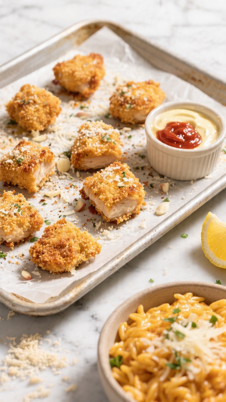 Overhead shot of crispy chicken parm bites just out of the oven on a parchment-lined sheet pan: golden panko-Parmesan crusted 1-inch chicken pieces sprinkled with extra grated Parmesan, flecks of dried Italian seasoning, and a light dusting of garlic and onion powder visible on the crust; a warm bowl of glossy, creamy cheesy orzo on the side with micro-grated Parmesan melting in; neutral ceramic ramekin of lemony aioli (no red sauce) for dipping; styled on a light marble surface with a scattered handful of panko and a wedge of Parmesan, bright, kid-friendly mood, sharp focus on crunchy texture.