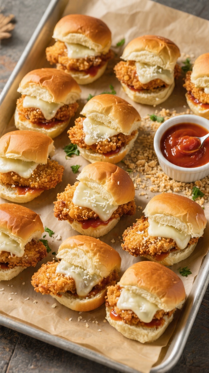 Overhead shot of crispy chicken parm sliders on a parchment-lined sheet pan: golden panko-Parmesan crusted chicken cutlets tucked into 12 mini slider buns/Hawaiian rolls, each topped with melted mozzarella, a spoon of marinara, and a sprinkle of grated Parmesan; a small ramekin of extra marinara on the side, scattered panko crumbs and parsley for texture, warm golden lighting highlighting the crunchy coating and glossy sauce, no people, professional food styling