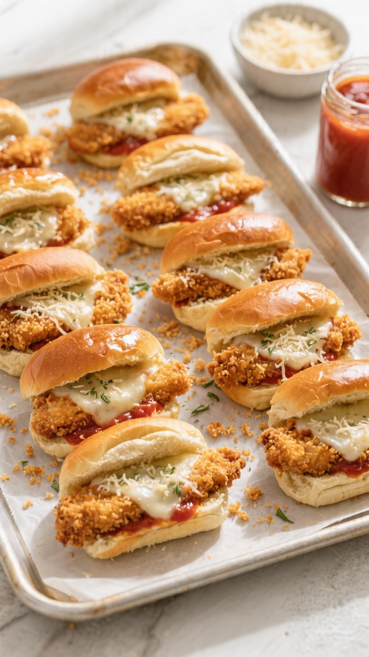 Overhead shot of crispy chicken parm sliders on a parchment-lined sheet pan: golden panko-Parmesan crusted chicken tenders tucked into 12 glossy Hawaiian rolls, each topped with a melty layer of Parmesan, a swipe of marinara, and a sprinkle of Italian seasoning and garlic powder; extra panko crumbs scattered, a small bowl of grated Parmesan and a jar of marinara on the side; warm, family-friendly mood with soft natural window light.