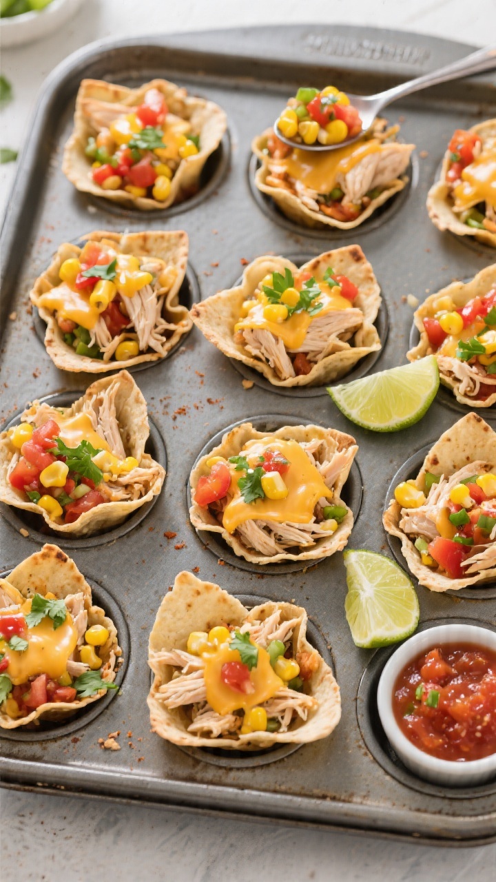 Overhead shot of Crunchy Chicken Taco Cups in a 12-cup muffin tin: mini tortillas baked into crisp cups, filled with shredded chicken tossed in mild salsa and a touch of taco seasoning, topped with melted cheese, a spoonful of sweet corn salsa (corn kernels, diced tomatoes, mild peppers), and a sprinkle of chopped cilantro. Include lime wedges and a ramekin of mild salsa on the side. Bright, colorful, and tidy styling with clear separation of each cup, high clarity highlighting crunchy tortilla edges and juicy filling.