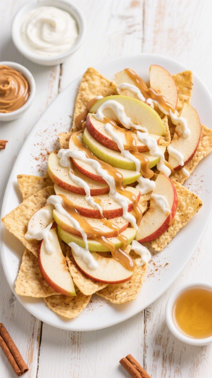 Overhead shot of Crunchy Cinnamon Apple Nachos on a large white platter: thinly sliced crisp apples (Gala, Fuji, Honeycrisp) fanned in layers, drizzled with swirls of plain vanilla-specked yogurt, a delicate zigzag of peanut butter, and a glossy thread of honey; a sprinkle of cinnamon dusting the apples; small bowls of extra yogurt, peanut butter, and honey nearby; bright, kid-friendly vibe on a light wood surface with crisp highlights, no people, sharp focus on the juicy apple sheen and creamy ribbons.
