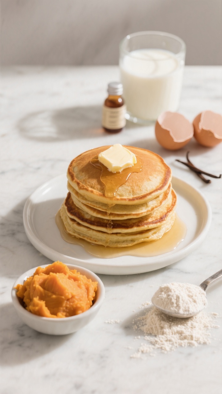 Overhead shot of Fluffy Classic Sweet Potato Pancakes stacked on a small white plate, golden and airy with crisp edges, a pat of melting butter on top and a light drizzle of maple syrup pooling around; include a small bowl of very smooth mashed sweet potato, a splash of whole milk in a glass, two cracked eggshells, vanilla extract bottle, and a scoop of white whole wheat flour scattered on a marble surface; warm morning light, soft shadows, minimal props to highlight the fluffy texture.