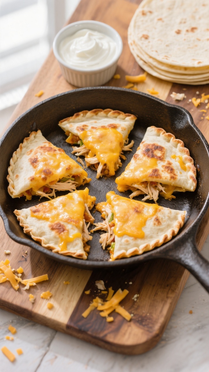 Overhead shot of four golden-browned cheesy chicken quesadilla pockets on a warm cast-iron skillet, edges crimped into half-moon “pockets,” with melted cheddar/Mexican blend visibly oozing and strands of shredded rotisserie chicken peeking out; a small ramekin of plain Greek yogurt or sour cream for dipping on the side, plus the remaining small 6-inch flour tortillas stacked nearby; styled on a rustic wooden board with scattered cheese shreds and a few crumbs, bright kid-friendly vibe, natural window light, crisp focus and appetizing cheese pull textures