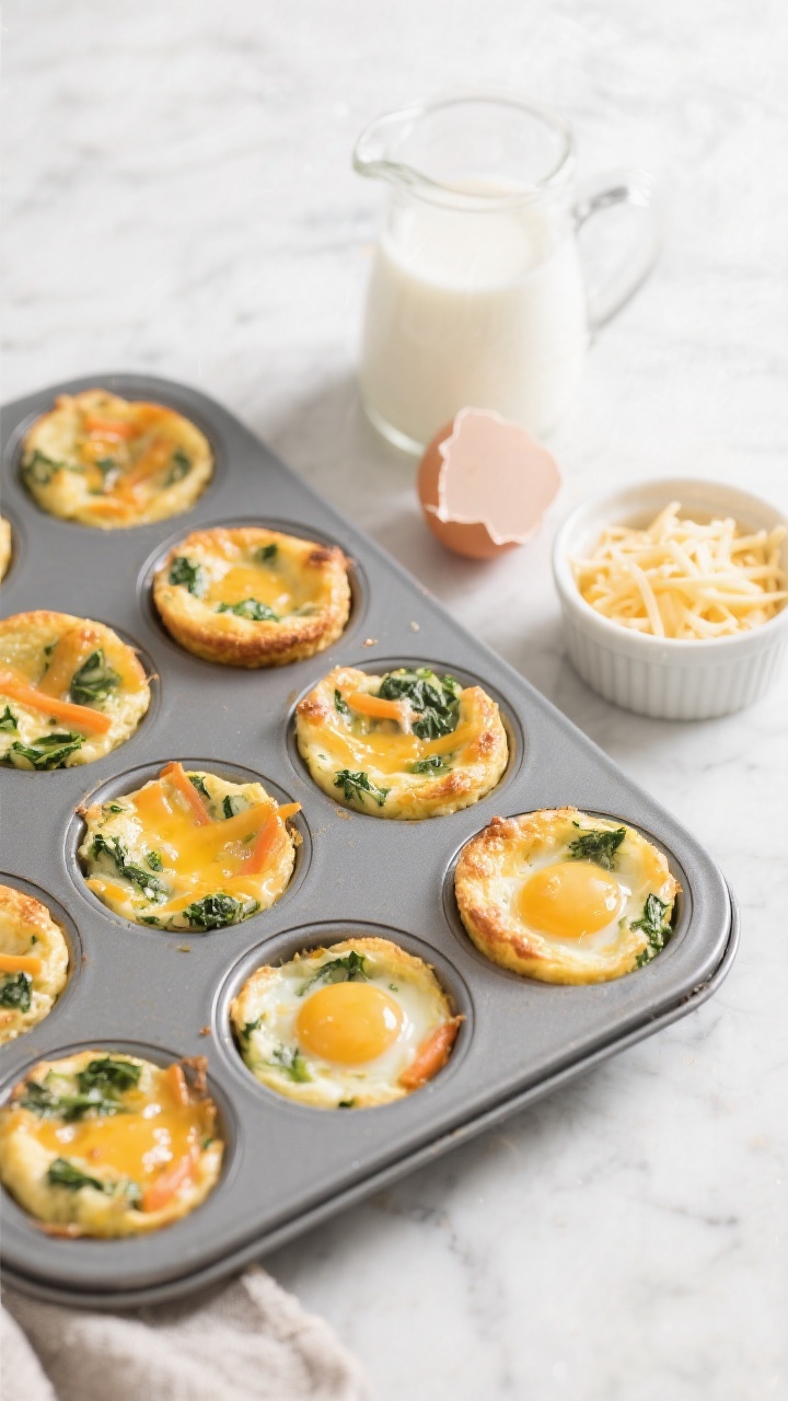 Overhead shot of freshly baked cheesy veggie egg bites in a nonstick mini muffin tin, golden edges and fluffy texture visible, flecks of finely chopped spinach and grated carrot throughout, melted mild cheddar pooling on top; a small jug of whole milk, cracked eggshells, and a ramekin of shredded mozzarella off to the side on a light marble surface; bright, clean morning light, minimal props, no people.