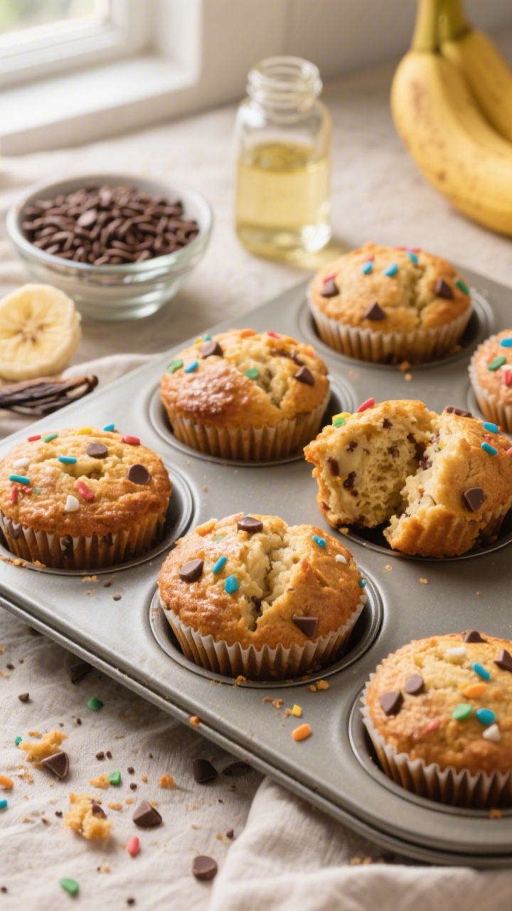 Overhead shot of freshly baked one-bowl banana muffins studded with colorful chocolate confetti, split muffin showing moist crumb with visible mashed banana flecks; prop a small bowl of chocolate sprinkles, mashed very ripe bananas in a glass bowl, vanilla extract bottle, and a small jar of neutral oil nearby; warm, natural window light, soft linen, golden-brown tops with glossy sprinkle pops, professional baking scene with a muffin tin and scattered crumbs.