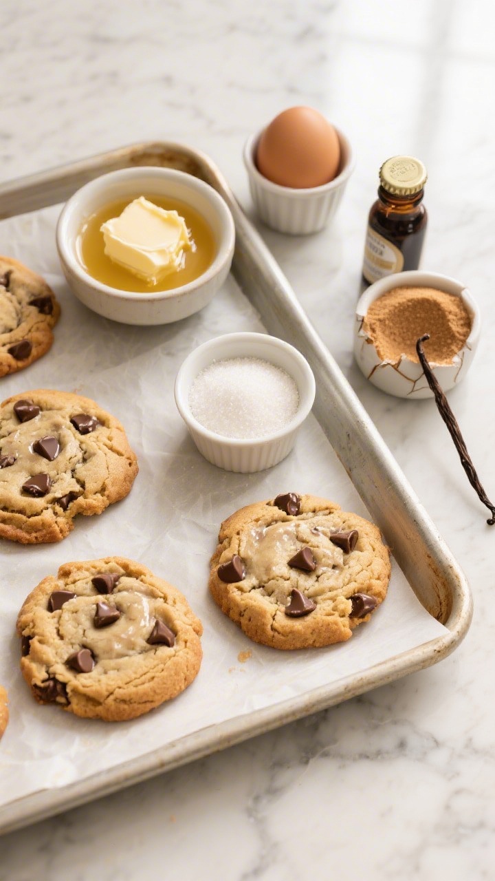 Overhead shot of freshly baked one-bowl chewy chocolate chip cookies on a parchment-lined sheet pan, golden edges with gooey melted semisweet chips pooled in the centers; a small bowl of melted and slightly cooled unsalted butter, a ramekin of granulated sugar, a ramekin of packed light brown sugar, a cracked room-temperature egg in a cup, and a bottle cap of vanilla extract styled around the pan on a cool marble surface; warm, soft textures emphasized, natural window light, no people.