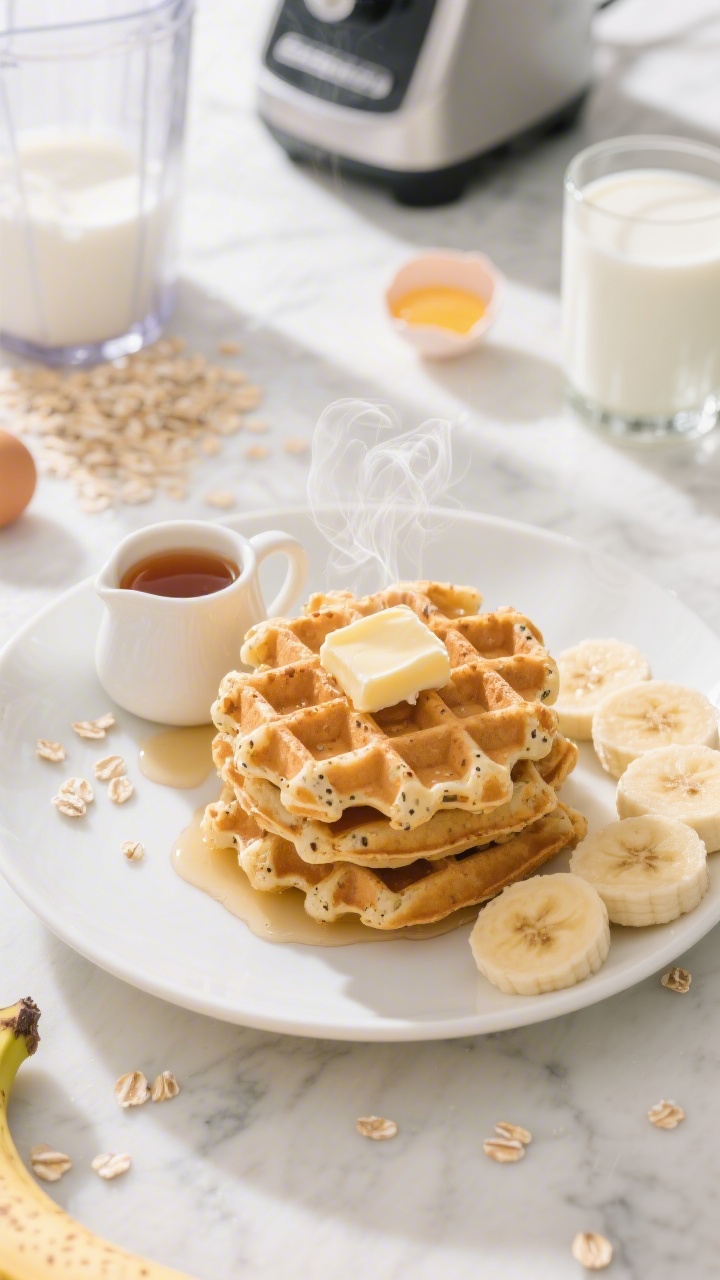 Overhead shot of golden banana-oat blender waffles stacked on a white plate, steam rising, with visible oat flecks and crisp edges; a small pitcher of warm maple syrup, sliced ripe bananas, and a pat of melted butter pooling on top; props include a glass of milk and a blender jar in the background with remnants of oats, milk, eggs, and melted butter; bright morning light on a marble surface, clean kid-friendly vibe, high detail and texture